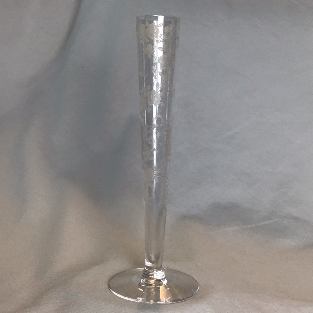 Hand Blown Rose-Etched Delicate Crystal Bud Vase - Vintage
